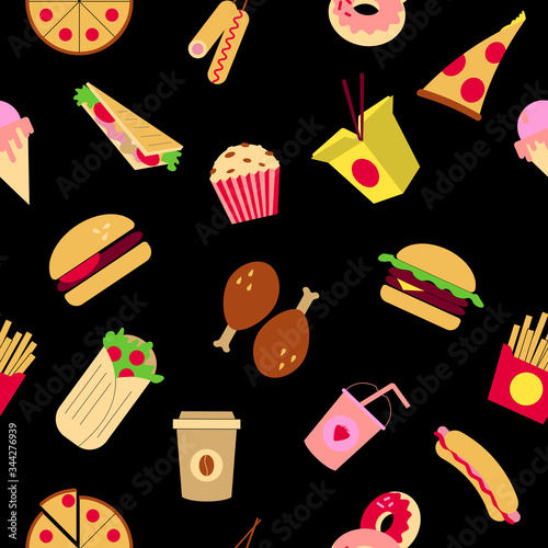 Fast food seamless pattern. Bright and juicy fast food icons on a black background.Pizza, Burger, hot dog, corn dog, ice cream, roll, coffee, pancake, French fries, donuts, shake,sandwich.