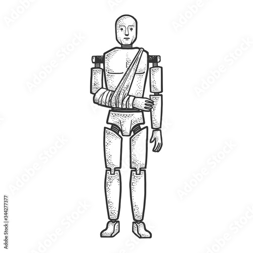 Crash test dummy with broken hand sketch engraving vector illustration. T-shirt apparel print design. Scratch board imitation. Black and white hand drawn image.