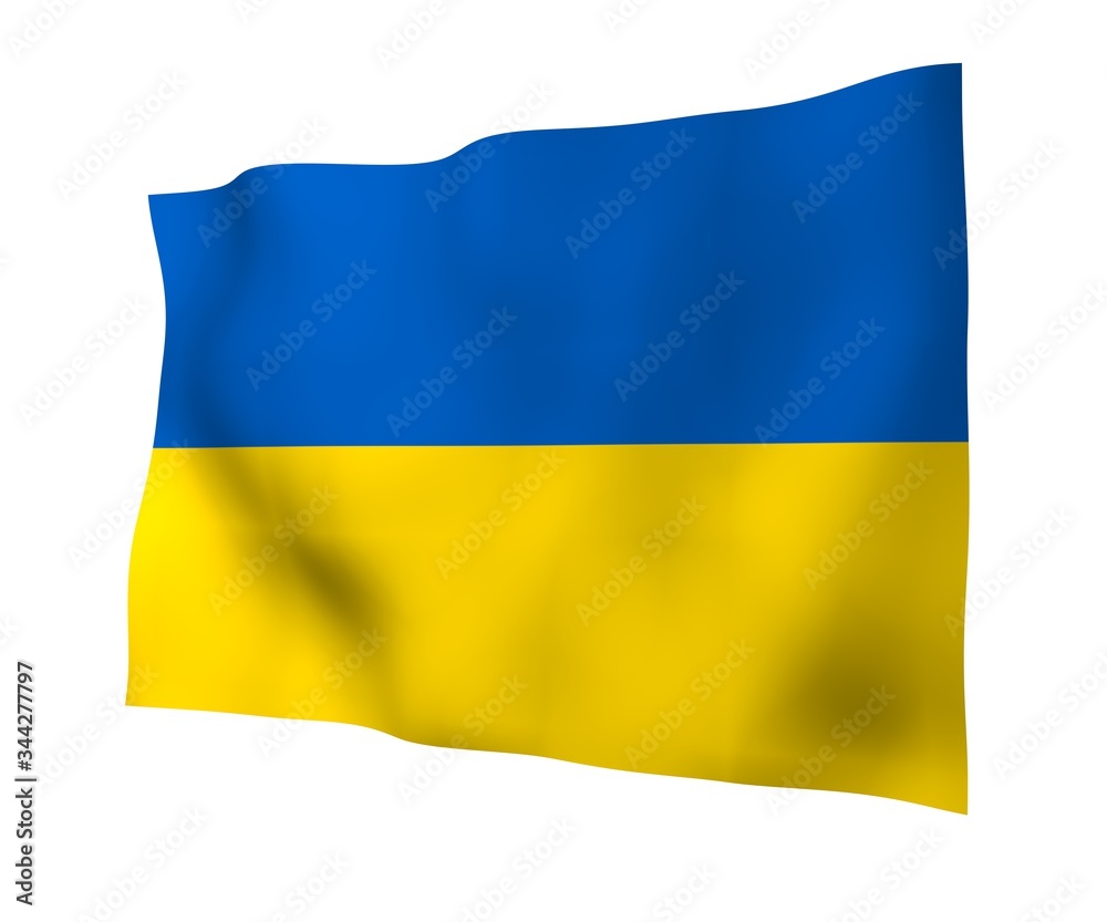 The flag of Ukraine on a white background. National flag and state ensign. Blue and yellow bicolour. 3D illustration waving flag The flag of Ukraine on a white background. National flag and state ensign. Blue and yellow bicolour. 3D illustration waving flag