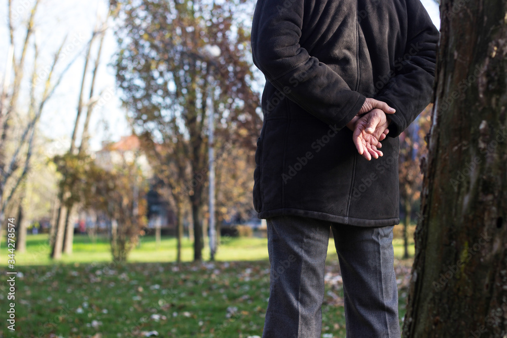 Senior man walking and relaxing in park. Walking away, relaxing, rear view Senior man walking and relaxing in park. Walking away, relaxing, rear view