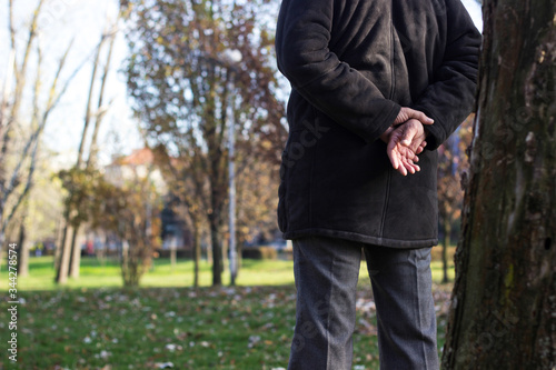 Senior man walking and relaxing in park. Walking away, relaxing, rear view