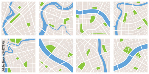 City navigation map pattern gps style set. Eight maps isolated on white background. City with river and canal and parks. Vectoe Illustration