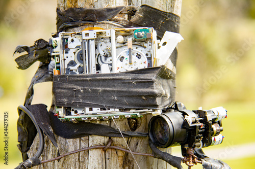 Homemade security camera on a fence post. photo