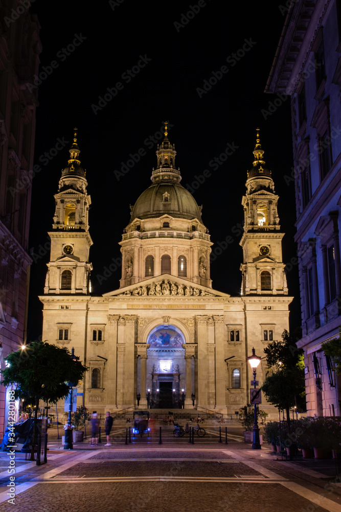 A view leading up to St. Stephen's Basilica as the evening passes in Budapest, Hungary