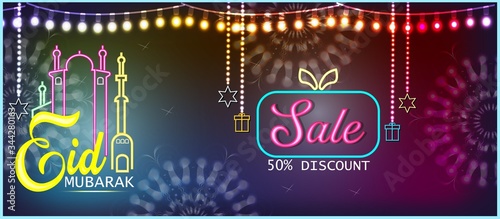 Eid Mubarak sale banner for advertisement  holiday card Muslim holiday, design template modern trend style, light banner, bright advertising. Islam Vector Editing text neon sign