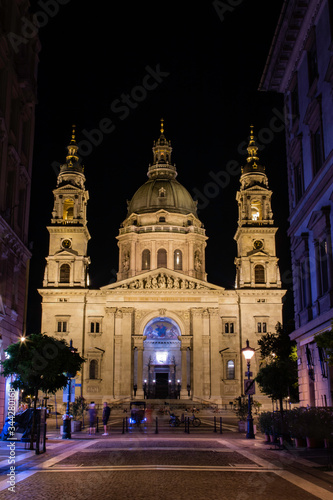 A view leading up to St. Stephen's Basilica as the evening passes in Budapest, Hungary