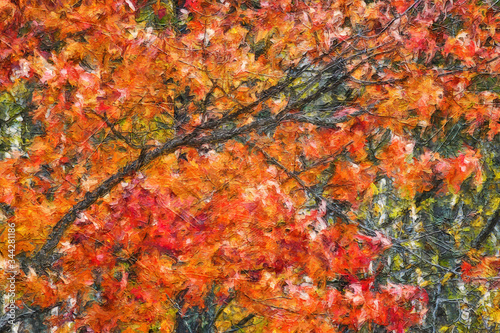 Impressionistic Style Artwork of Autumn Colors Hidden Deep in the Green Forest
