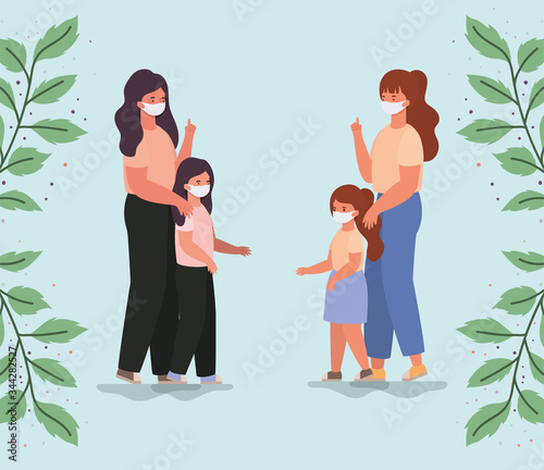 Mothers and daughters with masks and leaves vector design