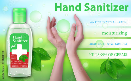 Hand Sanitizer gel ads. Antiseptic hand gel in bottles with womens hands and leaves, antibacterial effect. Best protection against viruses, such as coronavirus. Horizontal banner. Vector