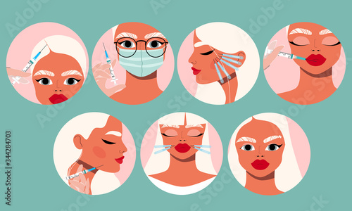 Beauty injection icons. Lip fillers, master holding a syringe, client and facial creme. Collection of cosmetology elements in circles. The be industry and injection concept. Modern vector illustration