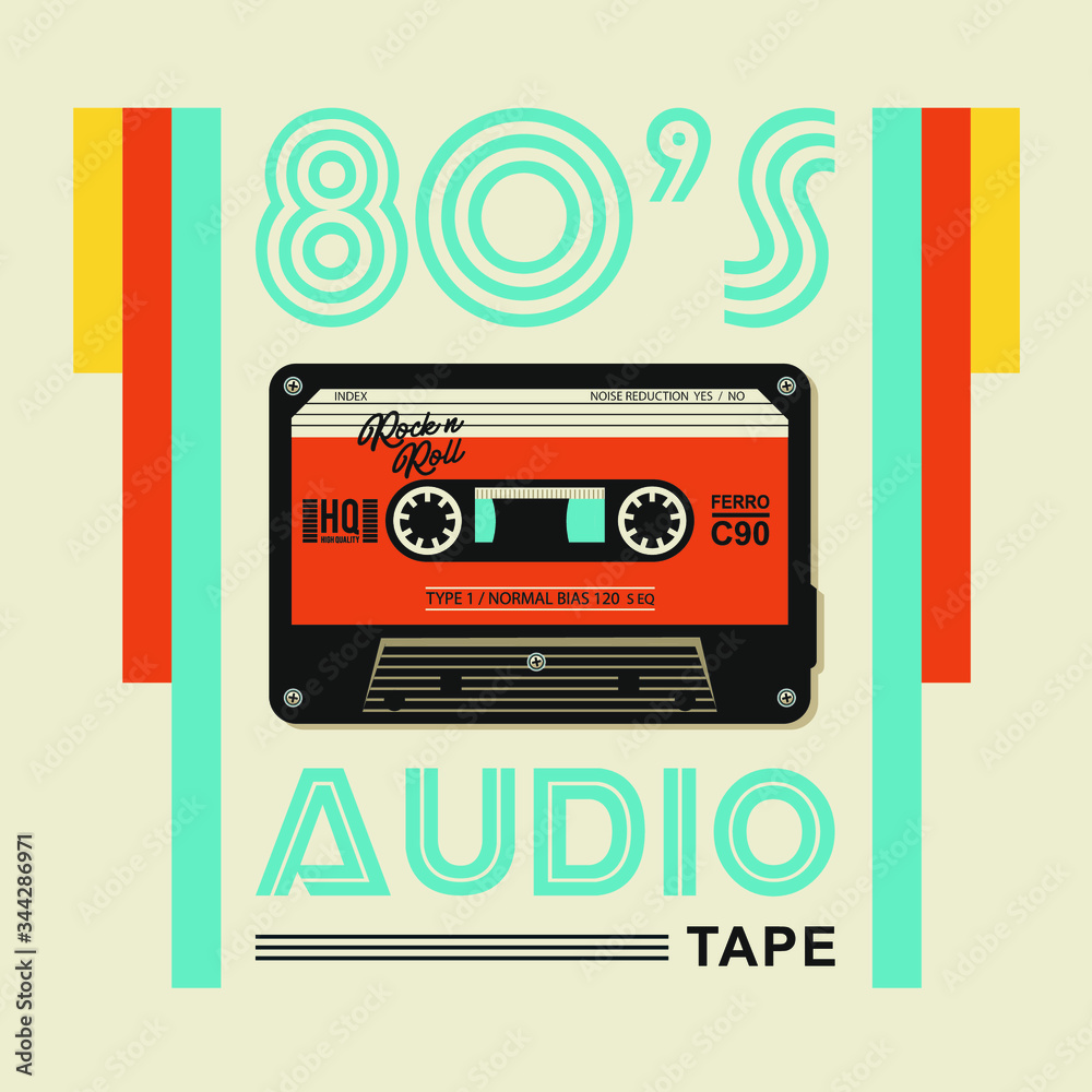 cassette tape vector illustration, tee shirt graphics, music typography