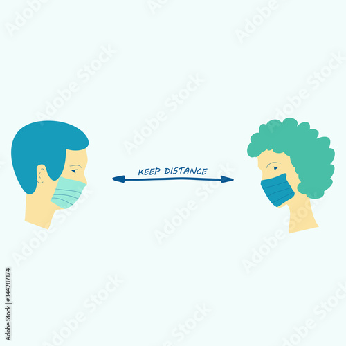 A man and a woman wear masks and keep distance away to avoid spreading Corona Virus. Social distancing concept illustration. Covid-19 virus safe step that help minimise the Coronavirus transmission.