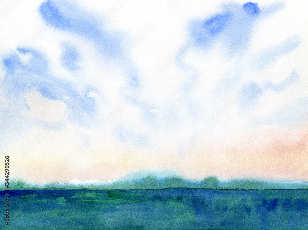 Light watercolor landscape, clouds above the water.