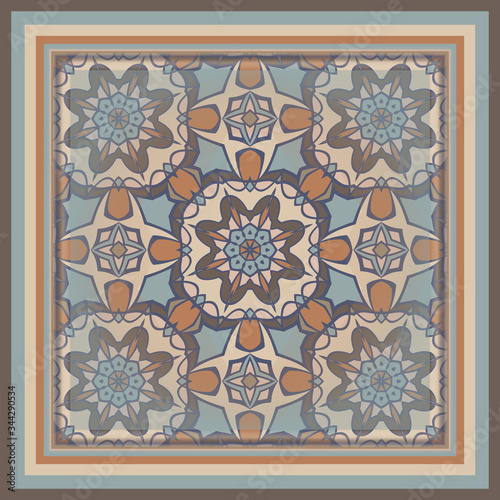 Trendy bright color seamless pattern in beige, blue and orange for decoration, paper wallpaper, tiles, textiles, neckerchief, pillows. Home decor, interior design, cloth design. Art frame.