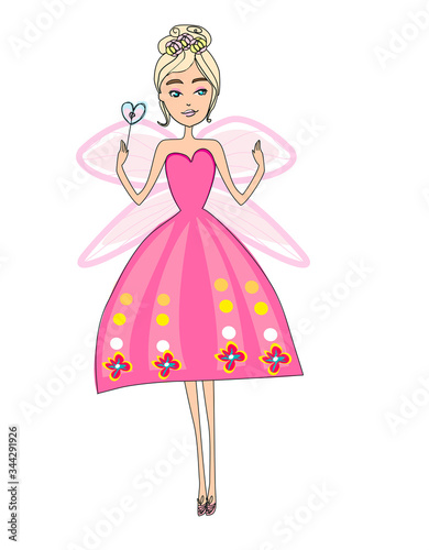 beautiful fairy with pink wings - hand drawn illustration