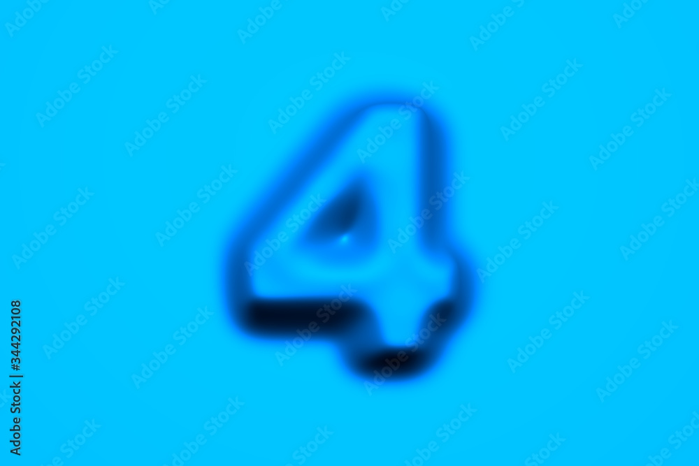 Blue soft wax or plastic alphabet - number 4 isolated on light blue background, 3D illustration of symbols Blue soft wax or plastic alphabet - number 4 isolated on light blue background, 3D illustration of symbols