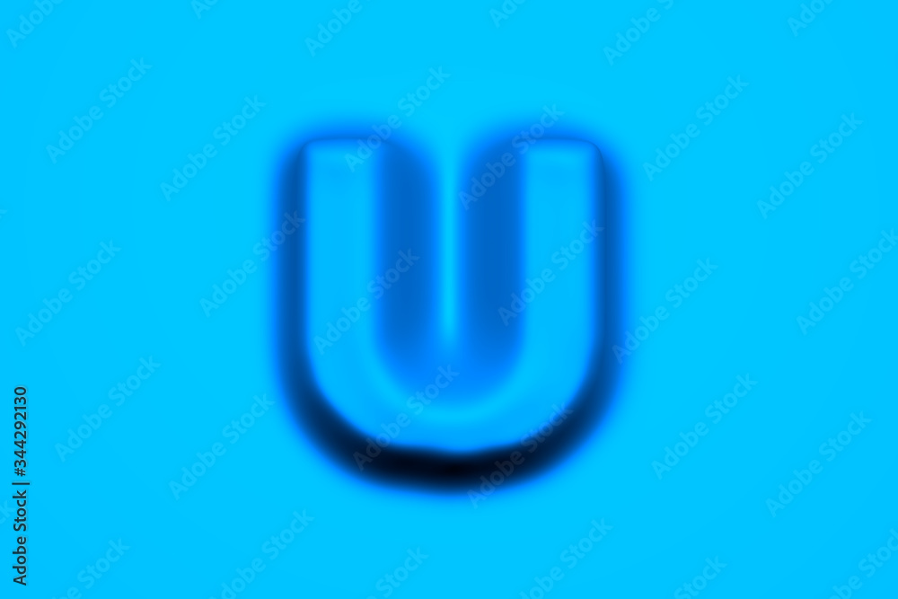Blue wax or plastic alphabet - letter U isolated on light blue background, 3D illustration of symbols Blue wax or plastic alphabet - letter U isolated on light blue background, 3D illustration of symbols