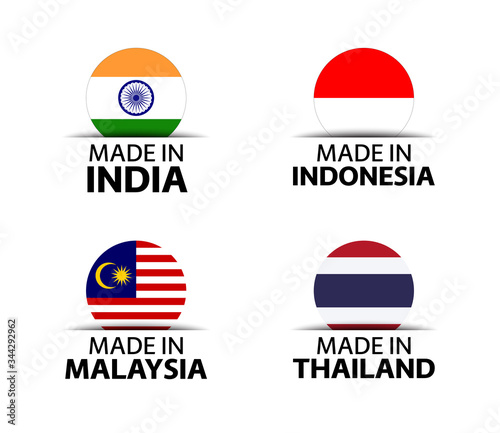 Free Download Set of four Indian, Indonesian, Malaysian and Thai stickers. Made in India, Made in Indonesia, Made in Malaysia and Made in Thailand. Simple flags isolated on a white background - GFXLoad