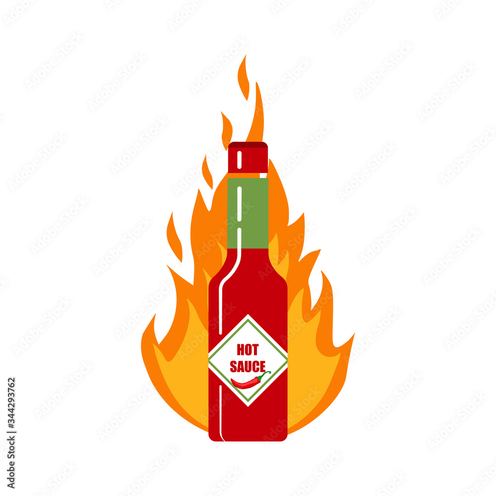 Hot sauce product with burning fire and chili.