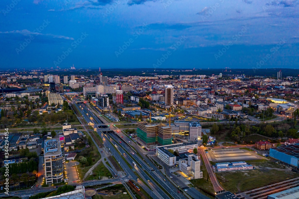 Aerial drove above view on Katowice city centre and DTS road