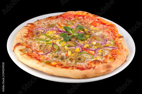 vegetarian pizza with tomato sauce, onion, pepper, mushrooms, olives, yellow cheese, and corn on a plate, isolated on black background