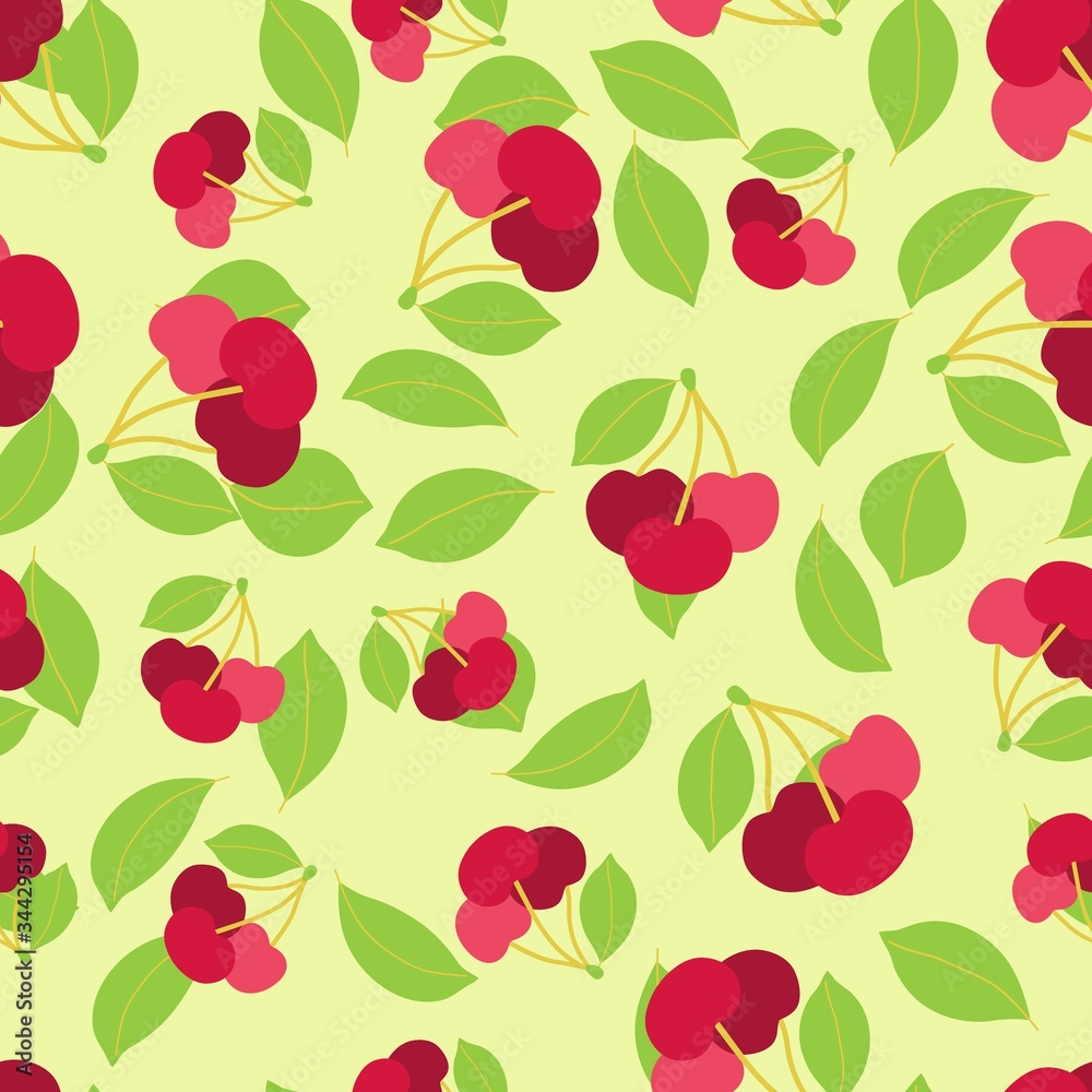 Seamless pattern with cherry berry and leaves. Floral vector background.