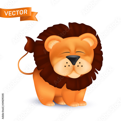 Cute standing and squinting cartoon baby lion character. Vector illustration of an african wildlife mascot newborn animal isolated on white background