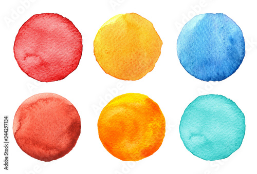 Set of colorful watercolor circles isolated on white. Watercolor round shapes