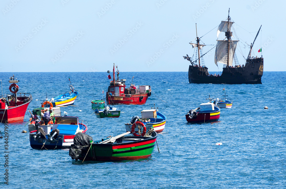 Boats in the Harbor of Camara de Lobos resort, Madeira island, Portugal