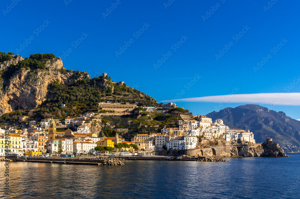 Scenic view of the beautiful town of Amalfi at famous Amalfi Coast, Salerno, Campania, Italy