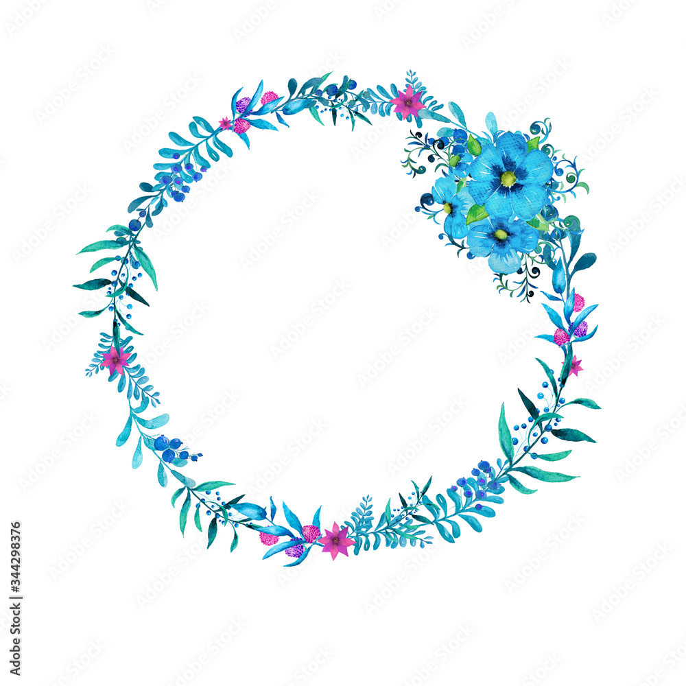 Blue watercolor branches and flowers wreath isolated. Blue watercolor branches and flowers wreath isolated.