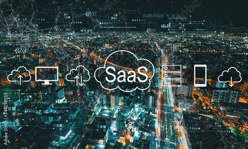 SaaS - software as a service concept with aerial cityscape view of Japan at night