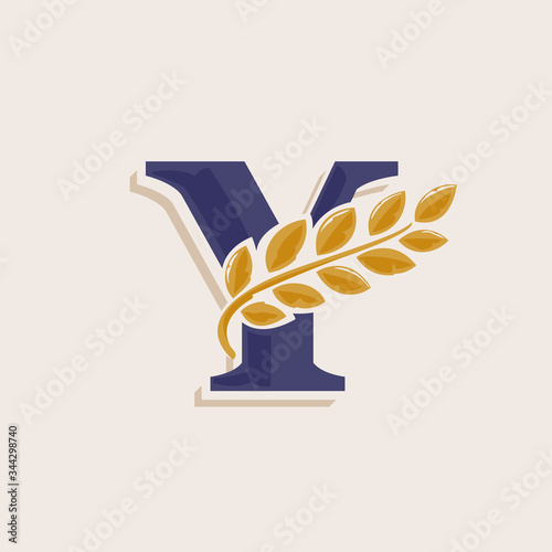 Letter Y logo with laurel wreath. Classic serif font with line shadow.