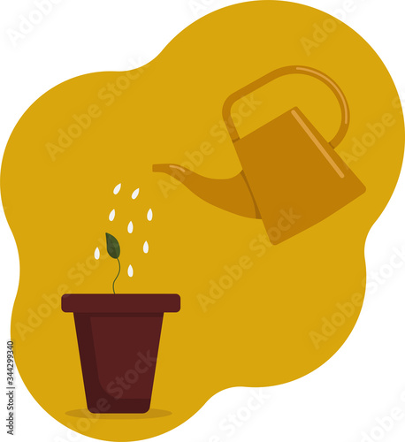 Flat vector illustration: watering a sprout from a watering can.