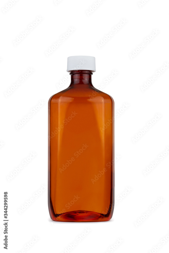 clean amber colored bottle with white cap. No writing or label on a 255 white background with slight drop shadow. Clipping path embedded, drop shadow not included in clipping path