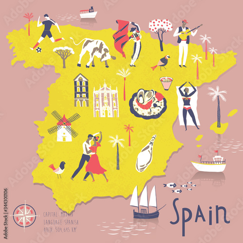 Cartoon Map of Spain with Legend Icons