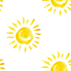 Crédence de cuisine Aquarelle ensemble 1 patrons Hand drawn  children illustration. Summer texture. Watercolor abstract background. Yellow Sun Seamless Pattern.   © BloomPix