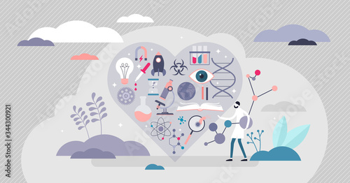 Love science vector illustration. Knowledge affection tiny persons concept.