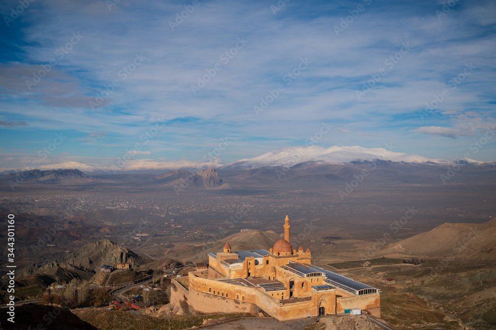 View of Ishak Pasha palace, with snowed mountains and views over Dogubayazit, Turkey