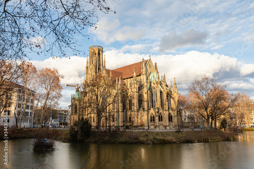 Beautiful Johanneskirche am Feuersee church in Stutgart in sunlight photo