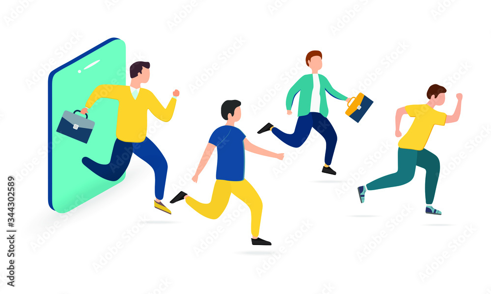 Referral marketing concept, loyalty program, link to a friend, promotion method. Group of customers, people holding hands and leaving a giant smartphone.