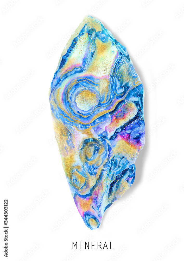 Blue agate crystal mineral stone isolated on white background. Watercolor colorful vivid bright abstract design in natural surface style with gold color glitter, big size macro illustration Blue agate crystal mineral stone isolated on white background. Watercolor colorful vivid bright abstract design in natural surface style with gold color glitter, big size macro illustration