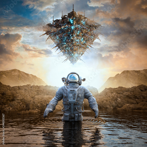 Fototapeta Naklejka Na Ścianę i Meble -  Planet of the ancients / 3D illustration of science fiction scene with astronaut encountering giant space ship on alien world