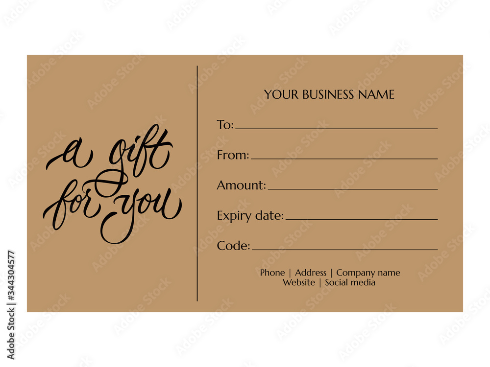 A gift for you - modern gift card template with calligraphic inscription.  Voucher or gift card design on craft paper for shops, beauty salon,  barbershop, spa. Vector typography. Stock-Vektorgrafik | Adobe Stock