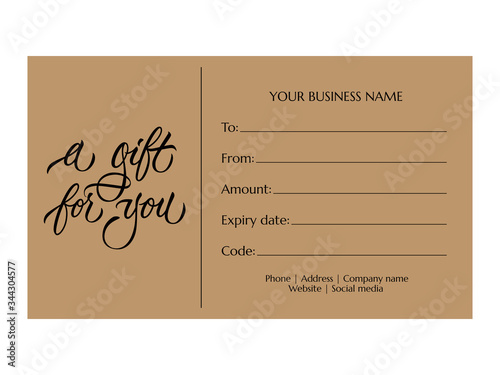 A gift for you - modern gift card template with calligraphic inscription. Voucher or gift card design on craft paper for shops, beauty salon, barbershop, spa. Vector typography.