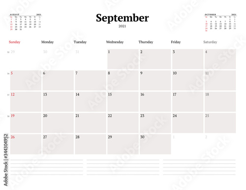 Calendar template for September 2021. Business monthly planner. Stationery design. Week starts on Sunday.