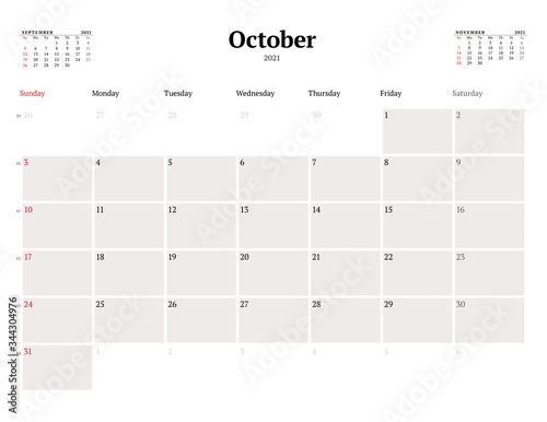 Calendar template for October 2021. Business monthly planner. Stationery design. Week starts on Sunday.