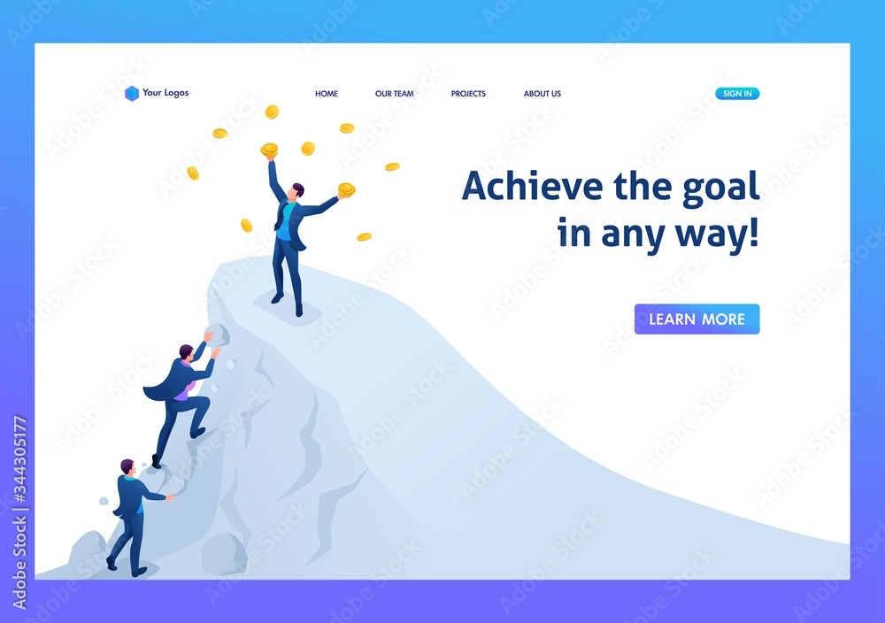 Isometric Achieve success, to achieve the goal, to be on top of the mountain. Landing page concepts and web design Isometric Achieve success, to achieve the goal, to be on top of the mountain. Landing page concepts and web design