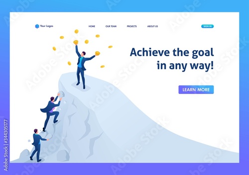 Isometric Achieve success, to achieve the goal, to be on top of the mountain. Landing page concepts and web design