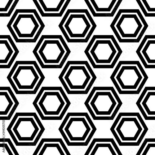 Black hexagons isolated on white background. Monochrome seamless pattern. Horizontal view. Vector graphic illustration. Texture.